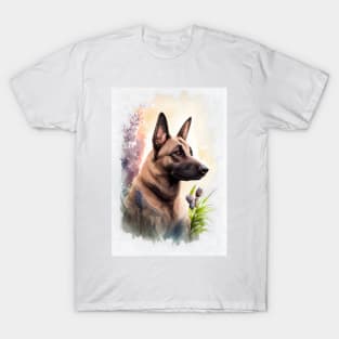 A Belgian Malinois Dog in a Garden Watercolor T-Shirt